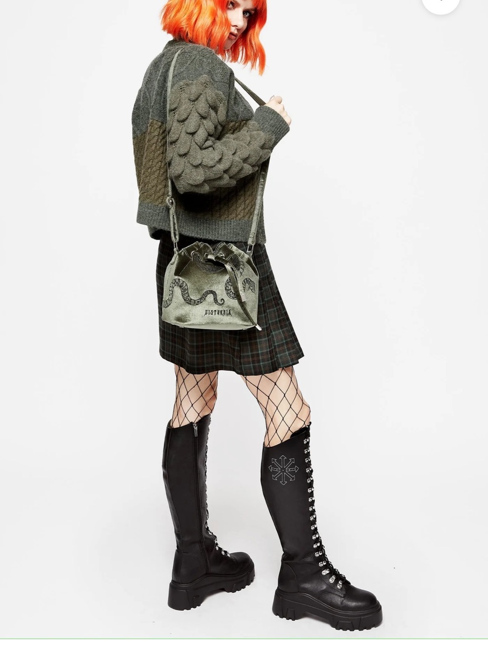 Disturbia Olive Green Velvet Drawstring Snake Bucket Bag - Picture 2 of 13